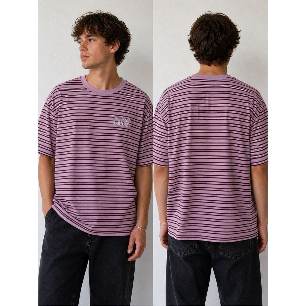 Converse Men’s Striped T-Shirt Pink Burgundy Logo Cotton Short Sleeve L Notes